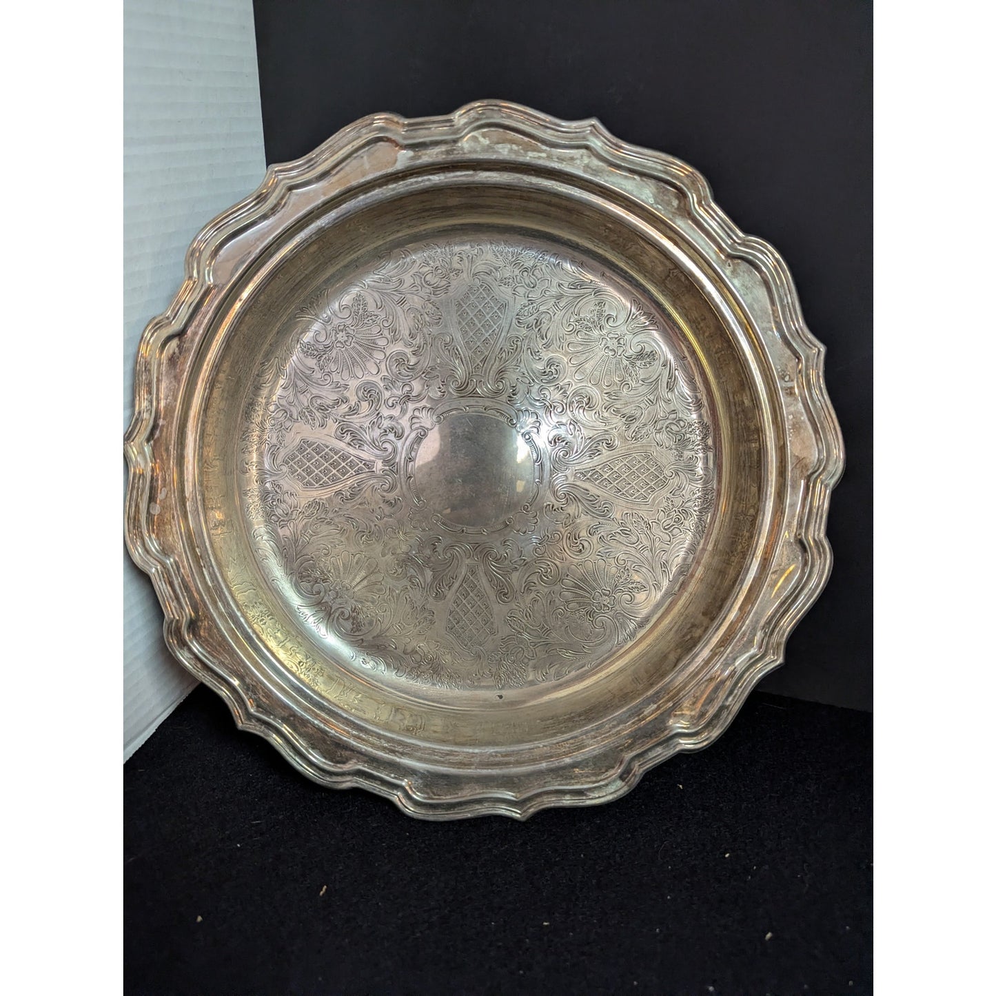 Vintage Hollywood Regency Silverplate Footed Round Platter Ornate Serving Tray