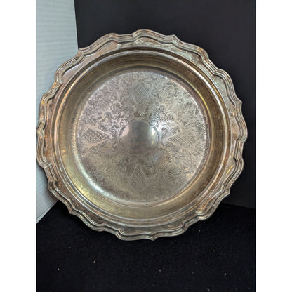 Vintage Hollywood Regency Silverplate Footed Round Platter Ornate Serving Tray