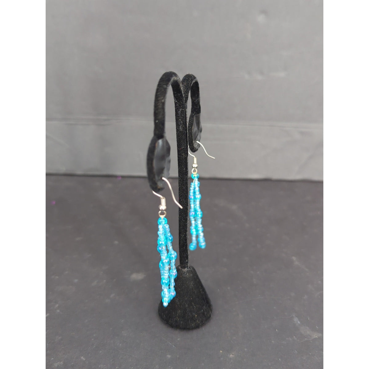 Turquoise Blue Multi Strand Seed Bead Necklace Dangle Earrings Set