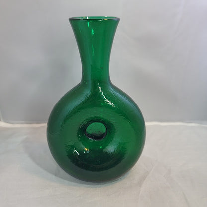 Vintage Blenko Green Pop Art Glass Donut Vase MCM Modern Hand Blown Pinch 7.3"
