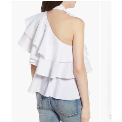 Leith One-Shoulder white Ruffle Top women's size SMALL nwt Casual Summer Flowy