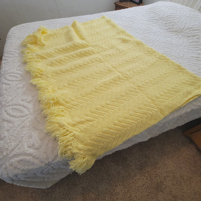 handmade Yellow afghan throw fringe chevron 50" x77" twin zigzag homestead retro