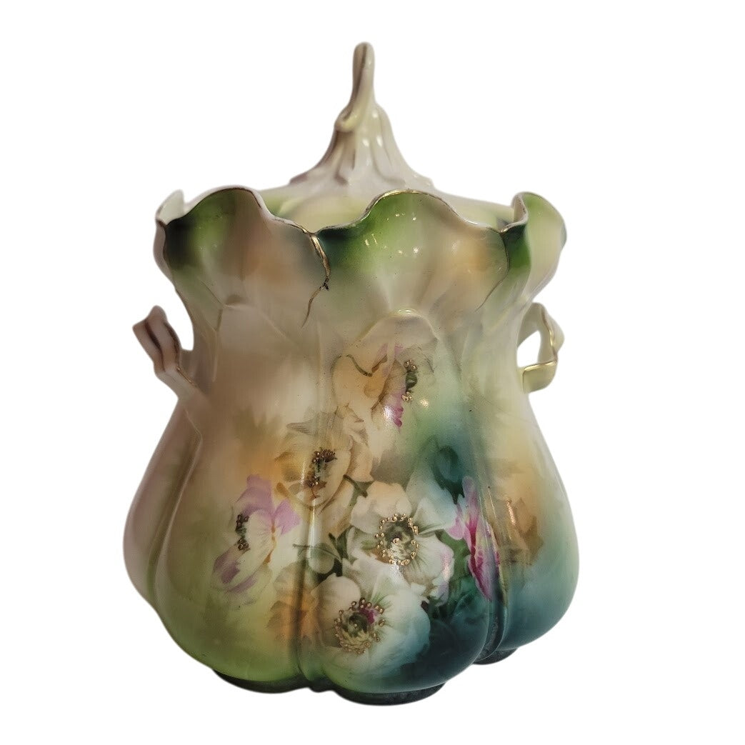 Antique RS Prussia BISCUIT Cracker Jar LAVENDER MORNING GLORY Mold 502 from 1890