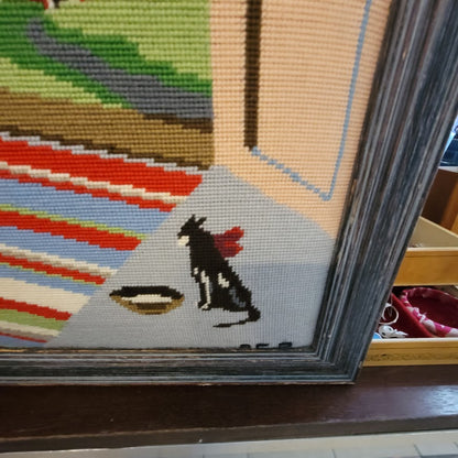Vintage LARGE NEEDLEPOINT Colonial woman fireplace Cat primitive Textile Art 34"