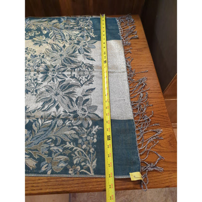 Luxury Teal Blue & Metallic Gold Floral Jacquard Pashmina Silk Blend Scarf Shawl