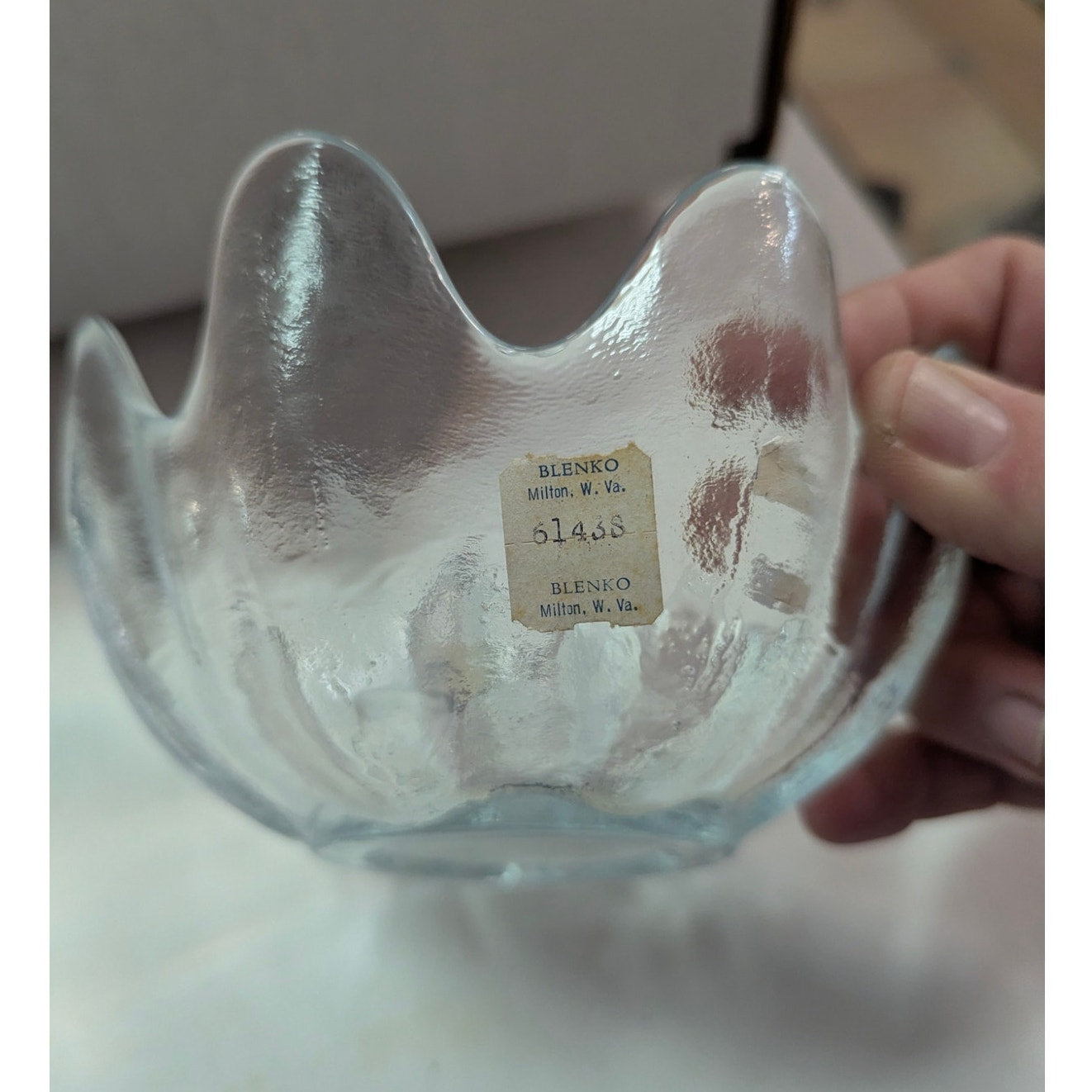 Blenko Art Glass Lotus Bowl 6143S Blue w/ Original Milton W. Va. Tag MCM