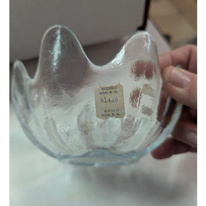 Blenko Art Glass Lotus Bowl 6143S Blue w/ Original Milton W. Va. Tag MCM