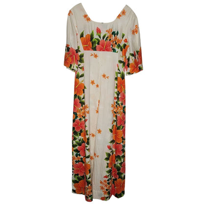 Ui Maikai Hawaiian Dress Maxi Cotton Vintage 1960's Orange Floral Wedding Medium