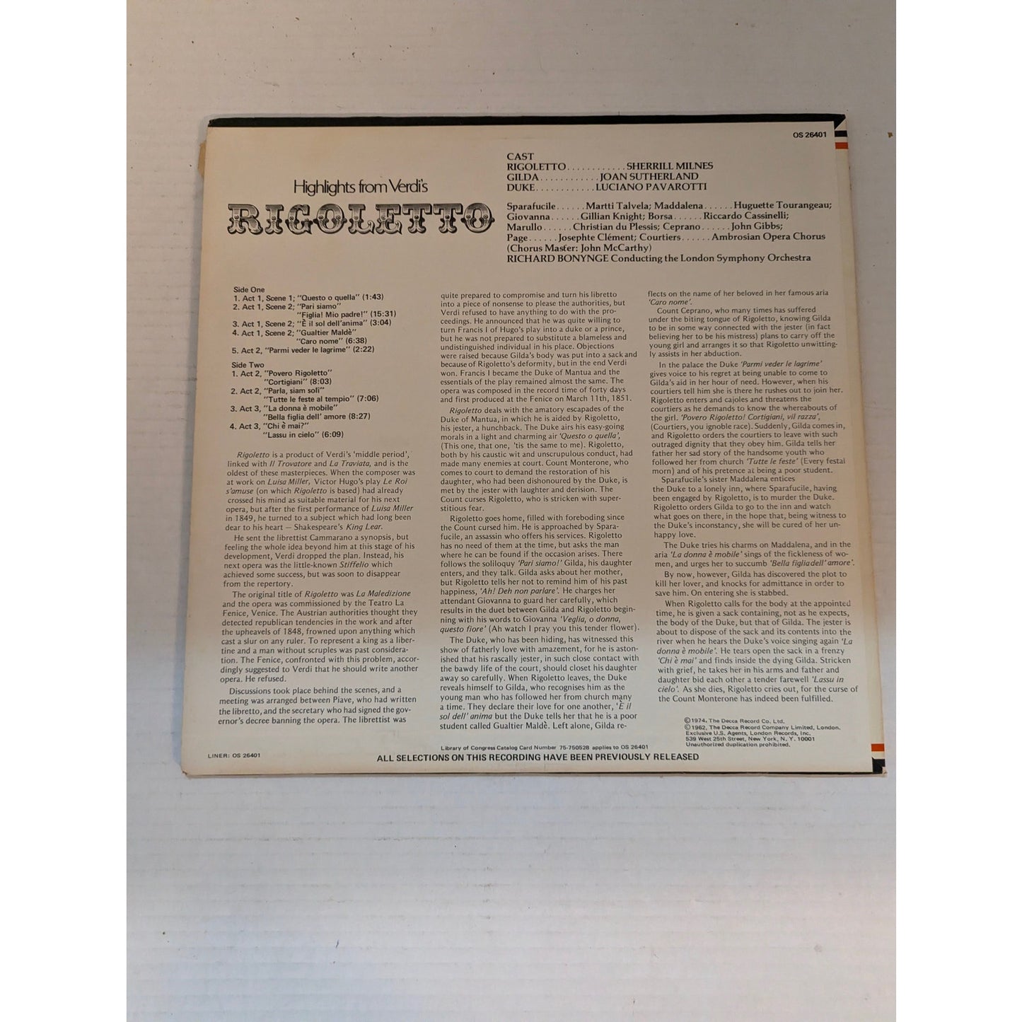 Vintage Verdi Rigoletto Highlights Pavarotti London OS 26367 Opera Vinyl LP