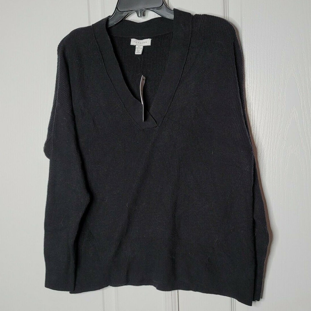 Topshop Ribbed Knit V-Neck Pullover Sweater Long Sleeves Black Size 4/6 MEDIUM