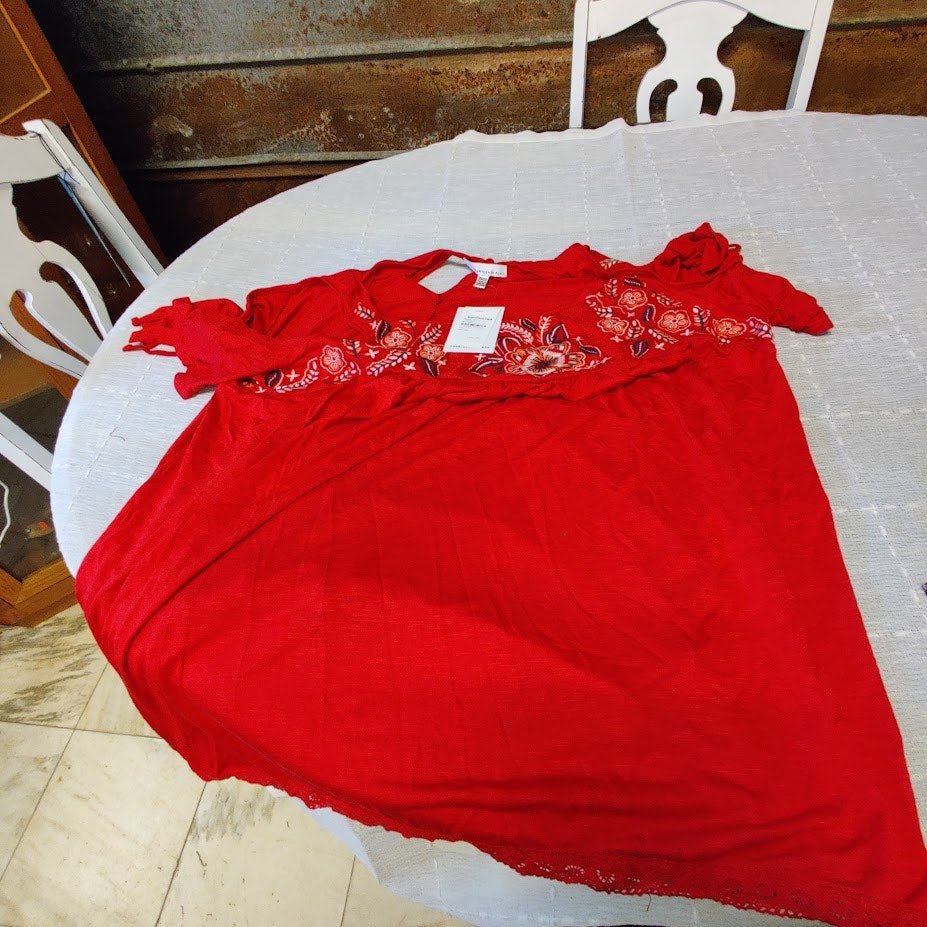 Fourteenth Place Womens Cold Shoulder Embroidery Blouse Red Plus Size 2X NWT