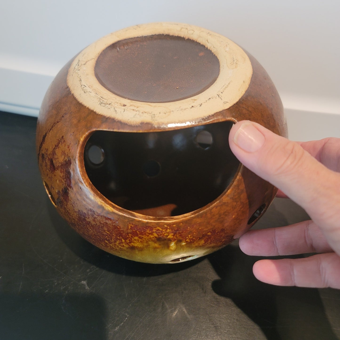 Vintage Ikebana vase orb sphere Ceramic brown glaze Approx. 7" Art Pottery