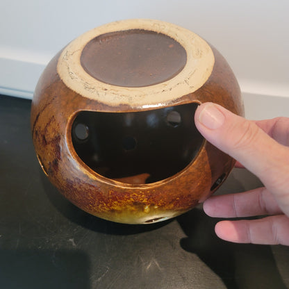 Vintage Ikebana vase orb sphere Ceramic brown glaze Approx. 7" Art Pottery