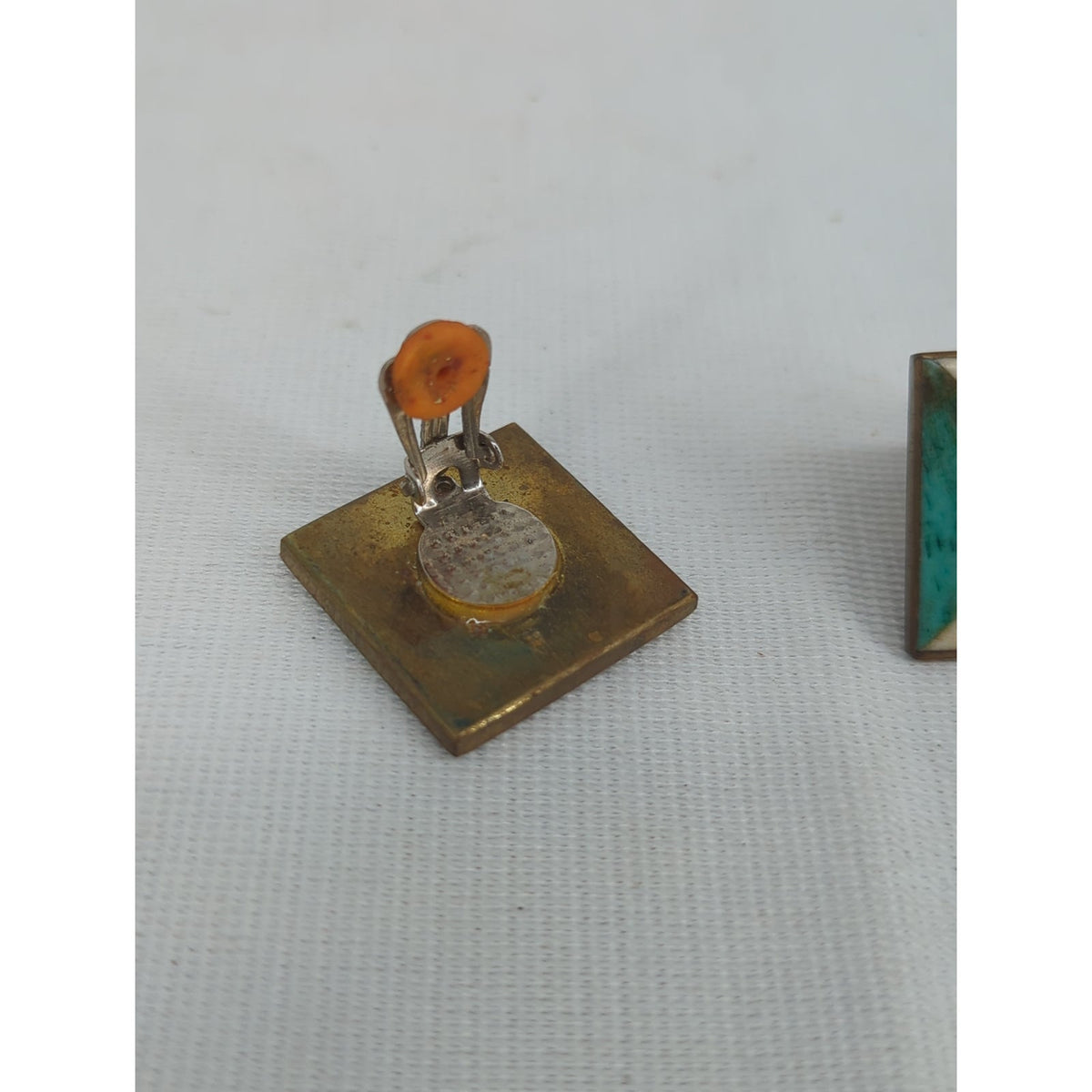Vintage Pyramid Turquoise Patina Brass Clip-On Earrings Statement Southwestern