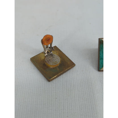 Vintage Pyramid Turquoise Patina Brass Clip-On Earrings Statement Southwestern