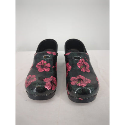 Dansko Patent Leather Clogs Black Pink Floral Professional Nursing Shoes Sz 41