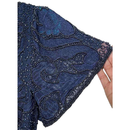 Pisarro Nights Column Dress cap sleeve Beaded Mesh Formal Gown Sz 12 in Navy NEW