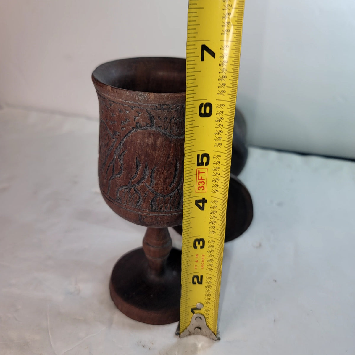 Vintage African Hand Carved Wood Goblets Hippo Rhino Giraffe Pair Tribal MCM