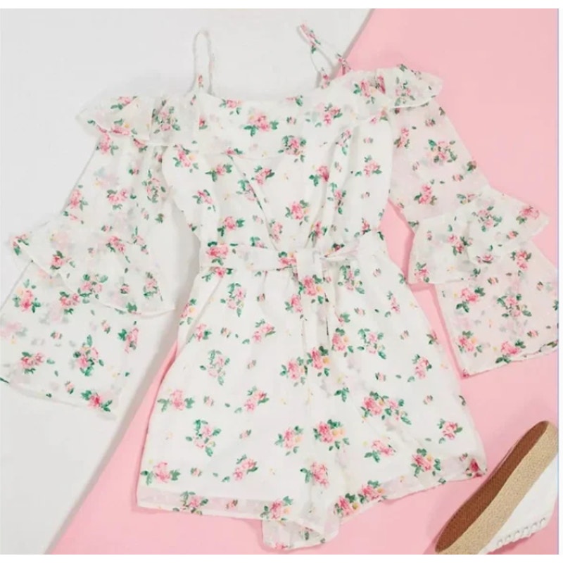 Topshop White Pink Floral Rose Bardot Off Shoulder Shorts Romper SZ. 4 SMALL NEW