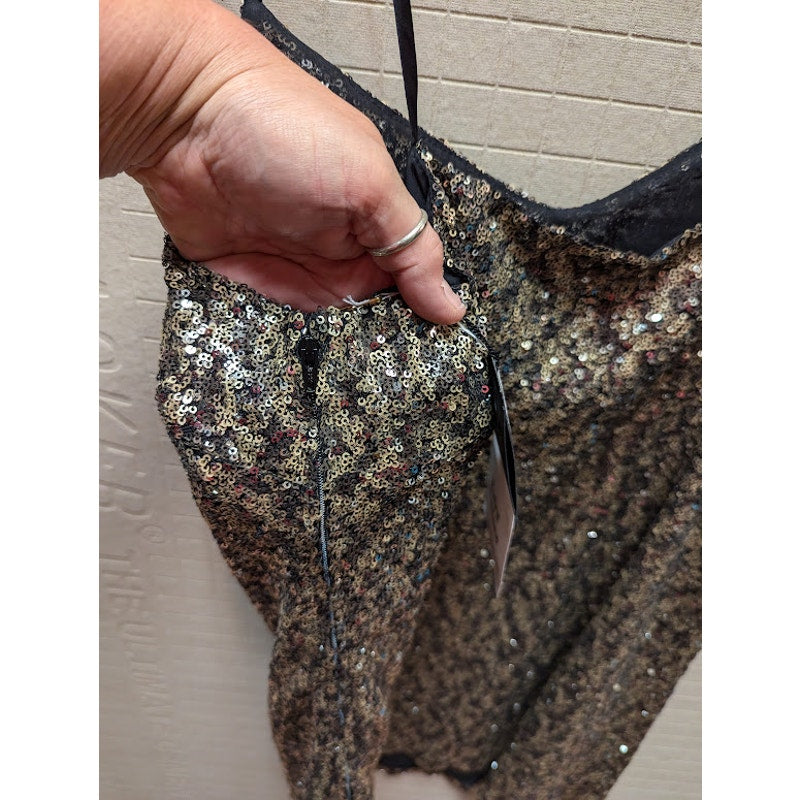 Anna Sui Gold sequin cocktail short spaghetti strap short party dress large NEW