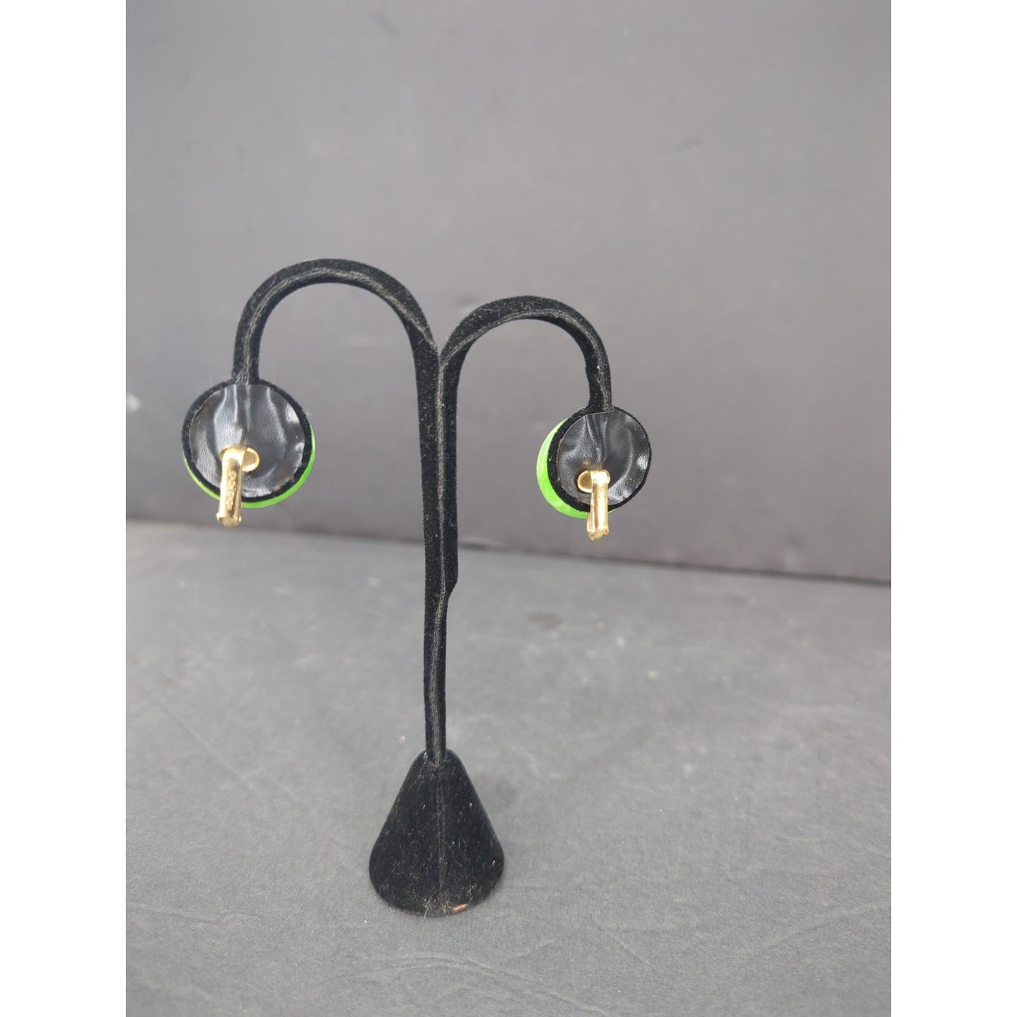 Vintage Green Resin Clip On Earrings Gold Tone Marked Hong Kong Retro 1960s MCM