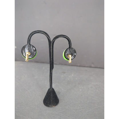 Vintage Green Resin Clip On Earrings Gold Tone Marked Hong Kong Retro 1960s MCM