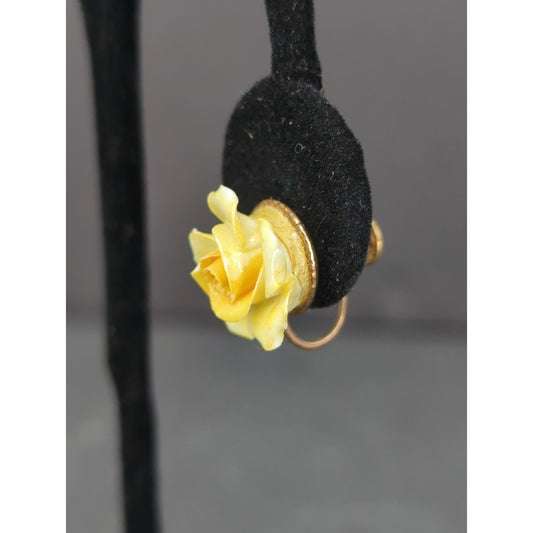 Vintage Yellow Resin Rose Clip On Earrings Gold Tone Floral Retro Fairycore