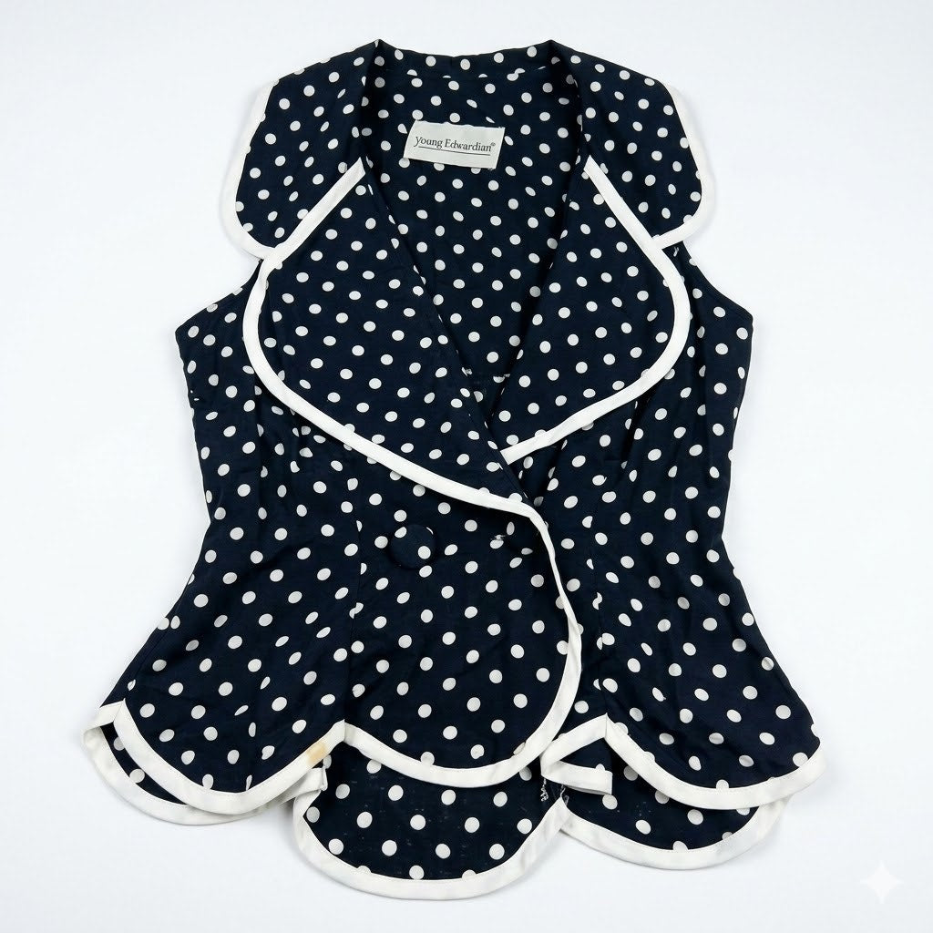 Young Edwardian Vintage Polka Dot Scalloped Vest Blouse XS Black White Coquette