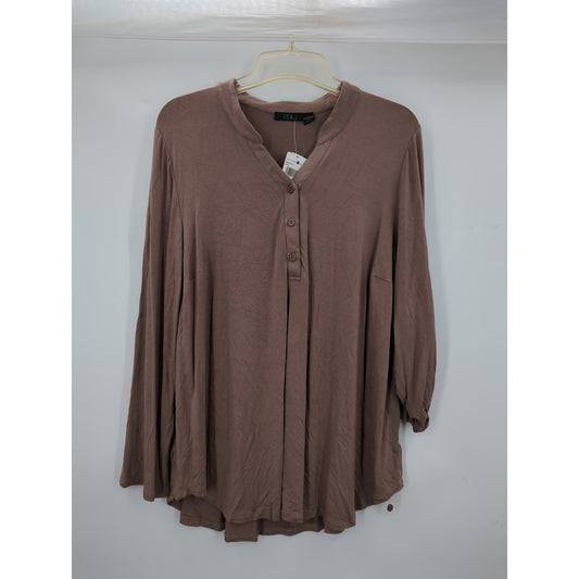RDI Women's NWT Size 1X Mocha Brown Henley Long Sleeve Tunic Blouse