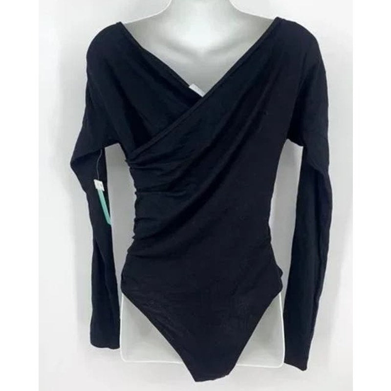 Abound Double V-Neck Surplice Wrap Pull On Bodysuit Size Large in Black NWT