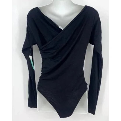 Abound Double V-Neck Surplice Wrap Pull On Bodysuit Size Large in Black NWT