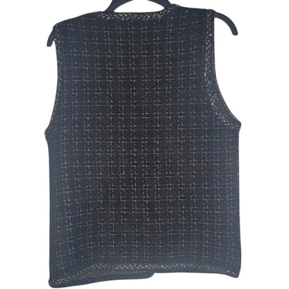 Round Neck Tweed Vest Sleeveless Jacket Pockets Black Gold Thread Black Buttons