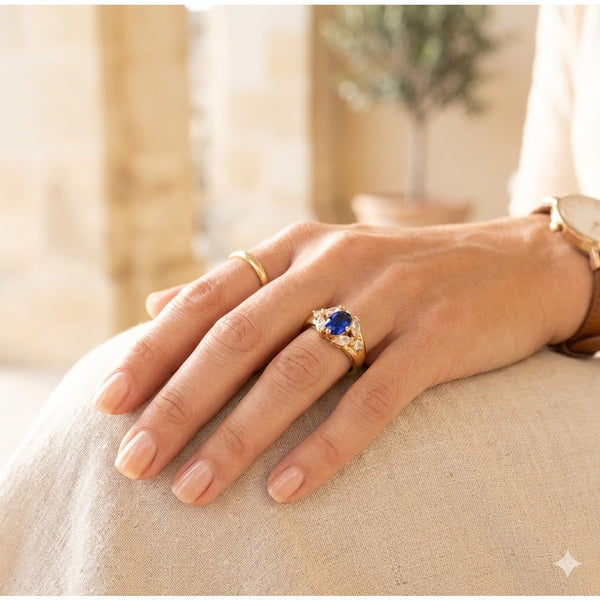Vintage Premier Designs England’s Rose Ring Sapphire Blue Crystal Gold Tone