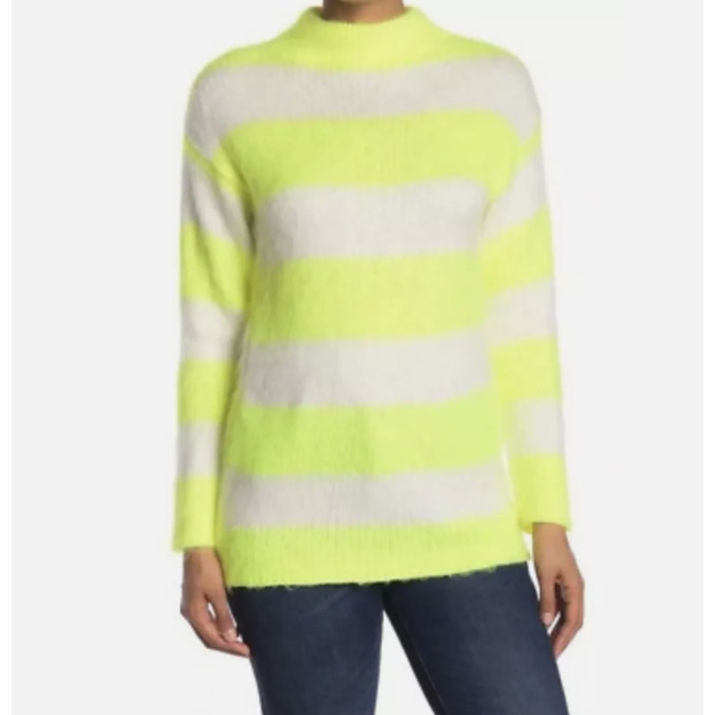 Abound Stripe Mock Neck Fuzzy Cozy Knit Sweater Green Lime Cream Small NEW