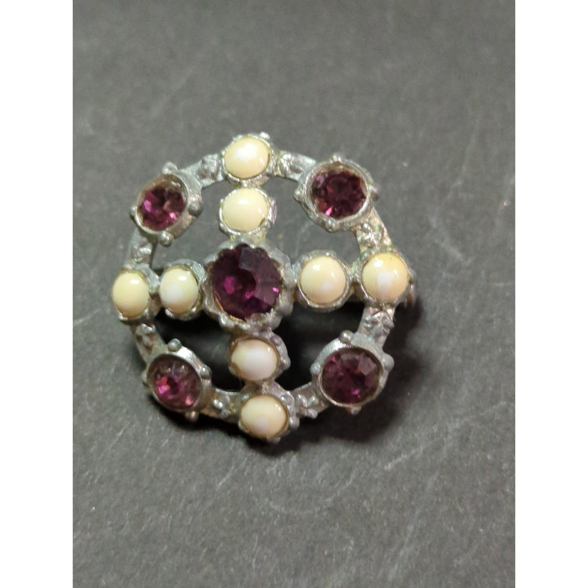 Vintage Mid-Century Faux Pearl Purple Rhinestone Dome Brooch Pin Silver Tone