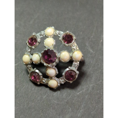 Vintage Mid-Century Faux Pearl Purple Rhinestone Dome Brooch Pin Silver Tone