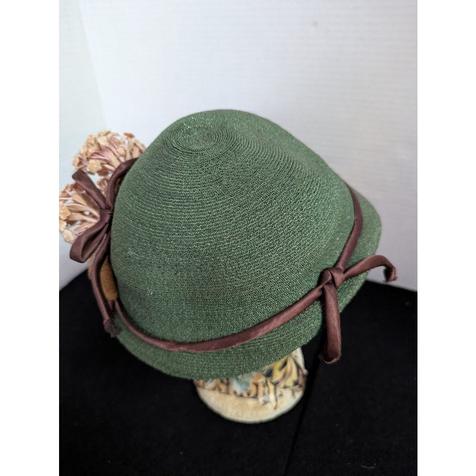 Vintage 40s 50s Forest Green Woven Cloche Bucket Hat Brown Ribbon Floral Trim