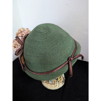 Vintage 40s 50s Forest Green Woven Cloche Bucket Hat Brown Ribbon Floral Trim