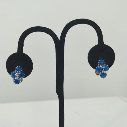 Vintage Vibrant Blue Rhinestone Cluster Clip On Earrings Mid Century Sparkle