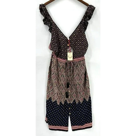 NWT RAGA Sleeveless Button Front Ruffle Strap Boho Dress Multicolor Sz Small