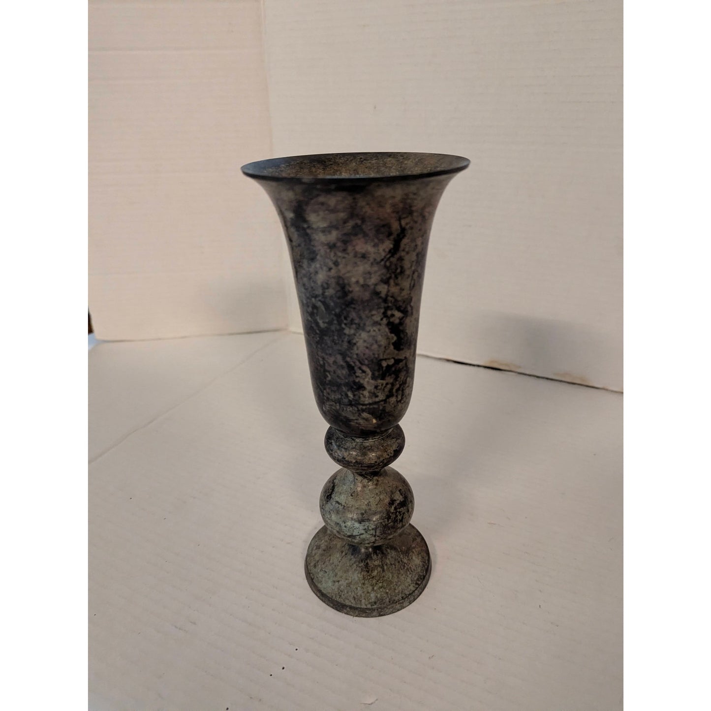 Vintage Antique Brass Trumpet Vase Distressed Etched Verdigris Metal 10"