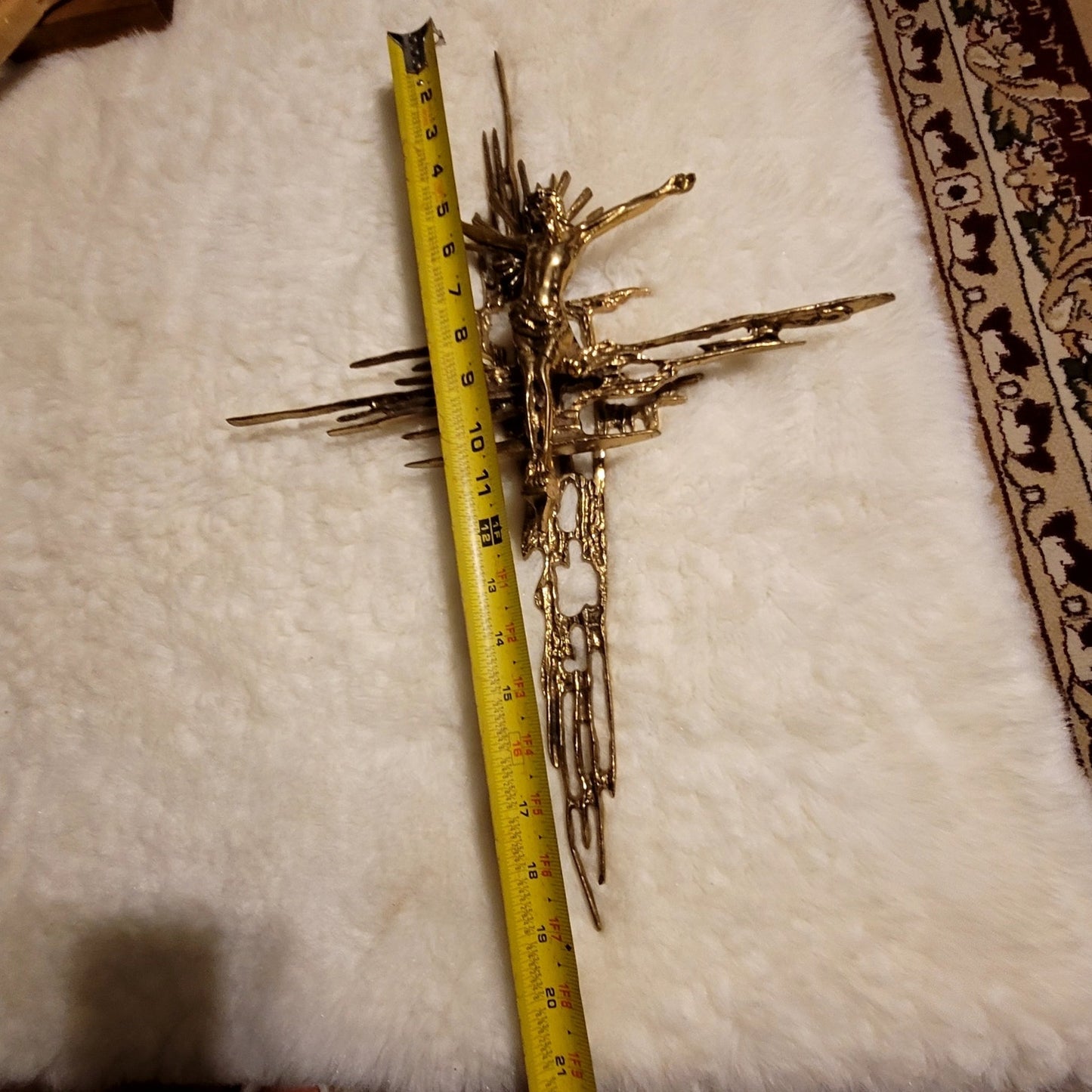 Brutalist crucifix religious wall sculpture goldtone Jesus on Cross Spain Bronze