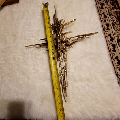 Brutalist crucifix religious wall sculpture goldtone Jesus on Cross Spain Bronze