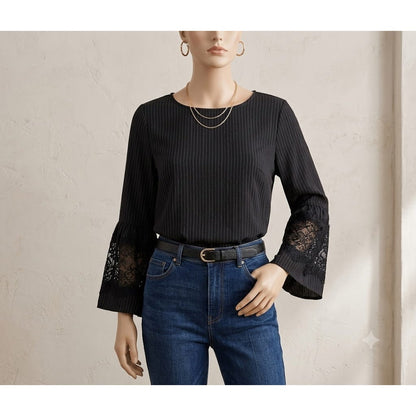 Messini Long Bell Sleeve Blouse Top Round Neck Pin-Striped Black Size Small