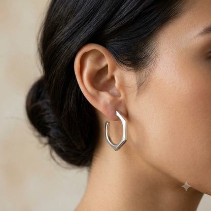 Trifari Vintage Hexagonal Semi Hoop Posts Earrings with Signed Backs Silver Tone