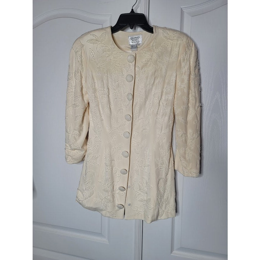 Vintage 90's Carmen Marc Valvo Size 8 SILK blazer clear glass beads leaf Cream