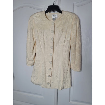 Vintage 90's Carmen Marc Valvo Size 8 SILK blazer clear glass beads leaf Cream