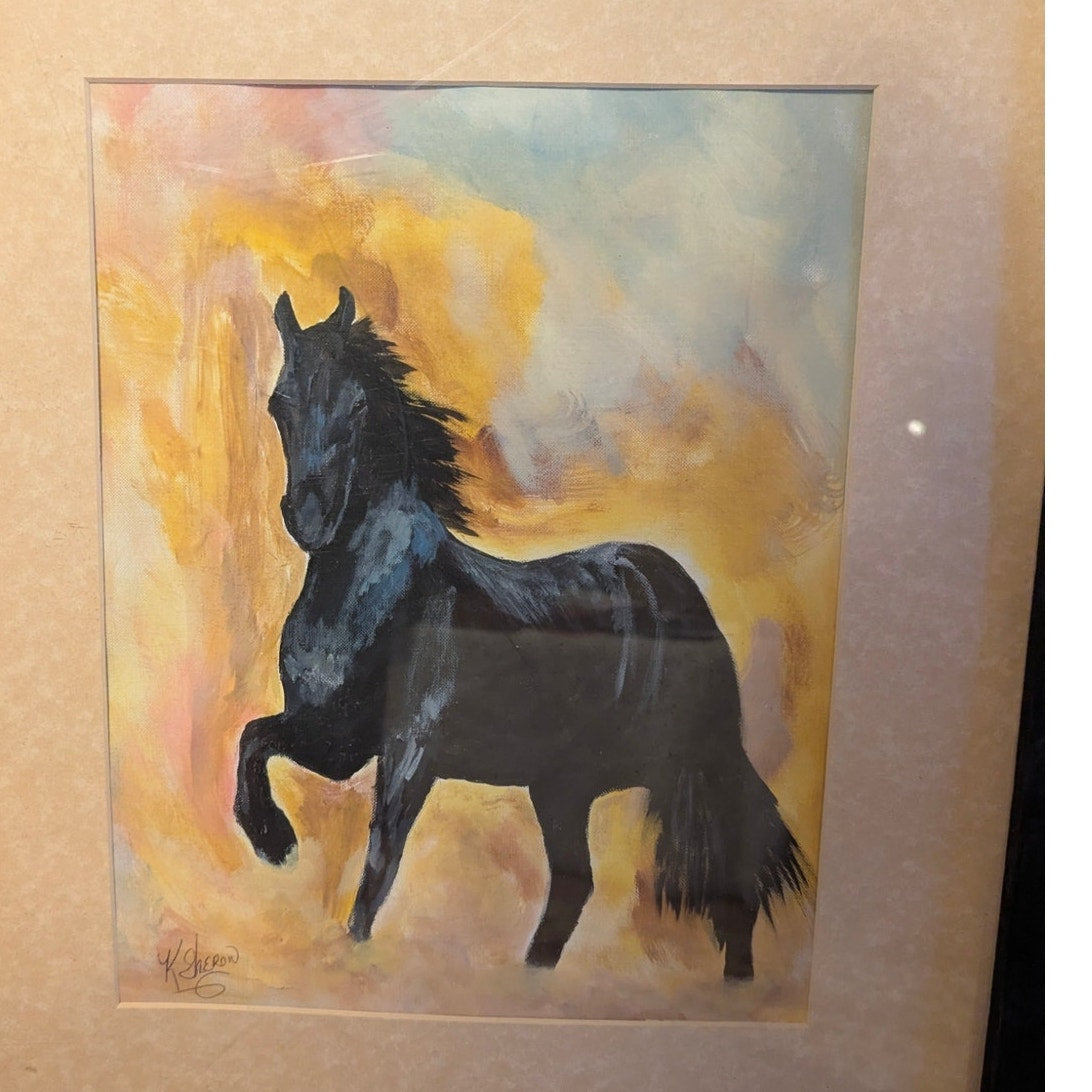 K Sheron Handpainted Black Stallion Horse Painting Signed 12x16 Trotting Beauty