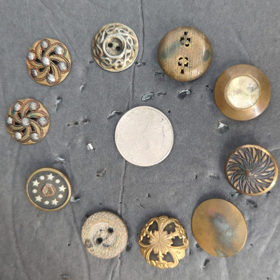 LOT K of 10 Antique Vintage Victorian Brass Mixed Materials Buttons ESTATE FIND