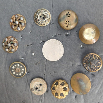 LOT K of 10 Antique Vintage Victorian Brass Mixed Materials Buttons ESTATE FIND